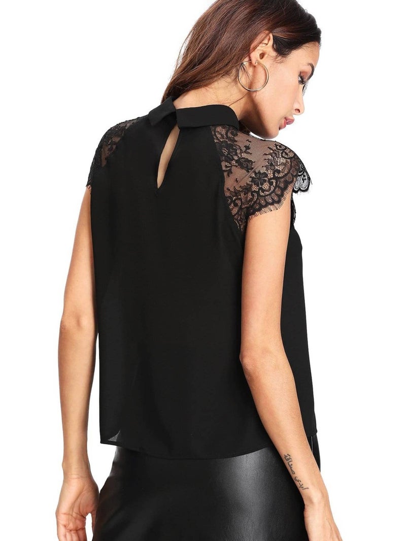 Floerns Women's Lace Splice Collar Cap Sleeve Office Blouse Tops Black L - Image 2